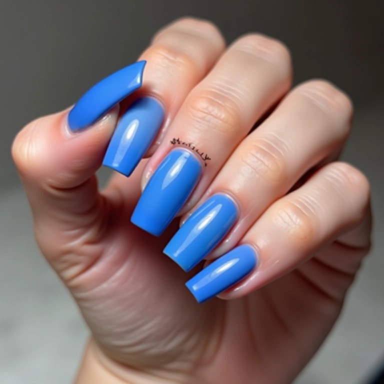 Unhas quadradas azuis com efeito ombré.