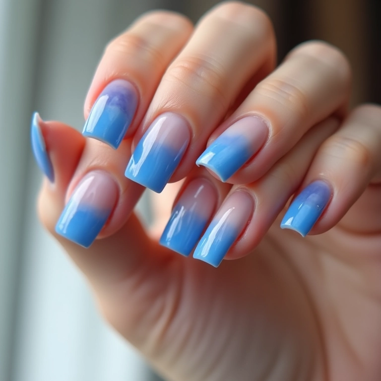 Unhas quadradas azuis com francesinha invertida.