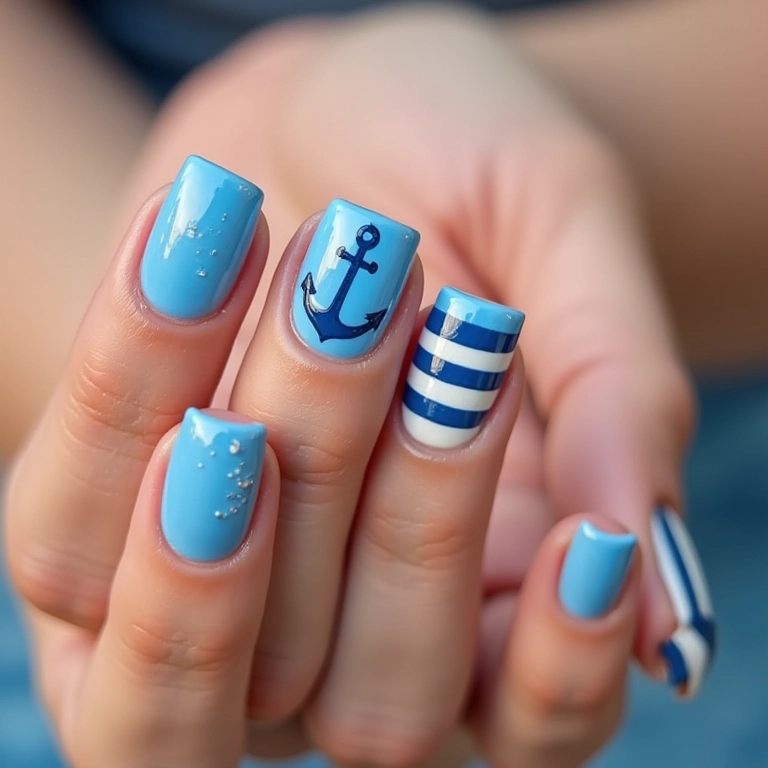 Unhas quadradas azuis com tema náutico.