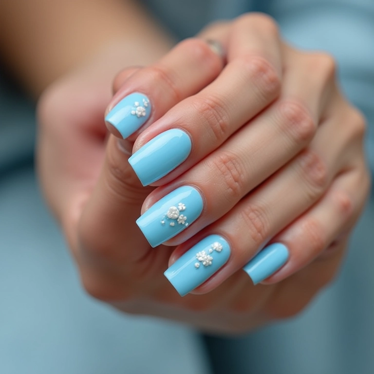 Unhas quadradas azul claro com detalhes brancos.
