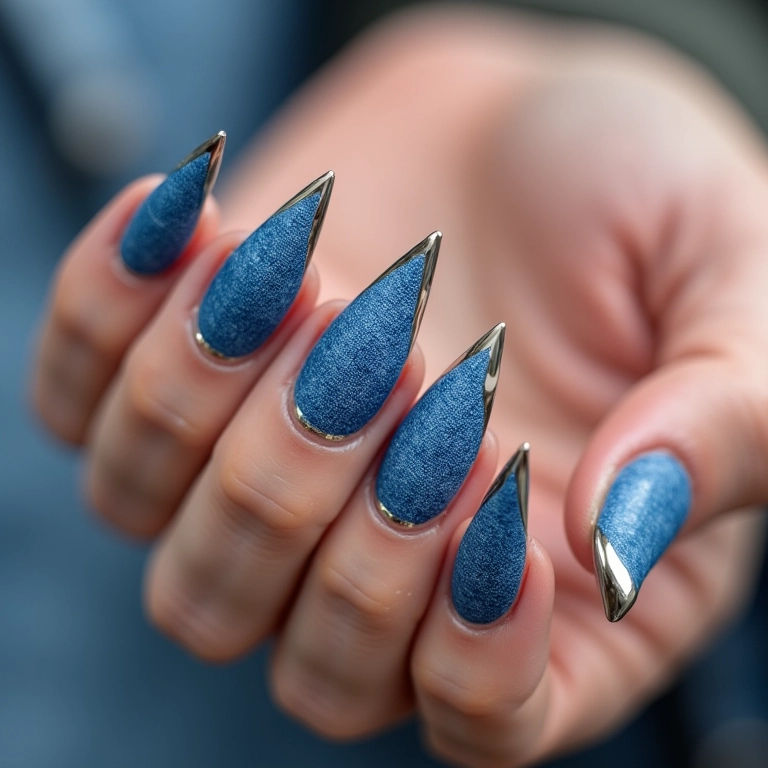 Unhas quadradas azul jeans com spikes.