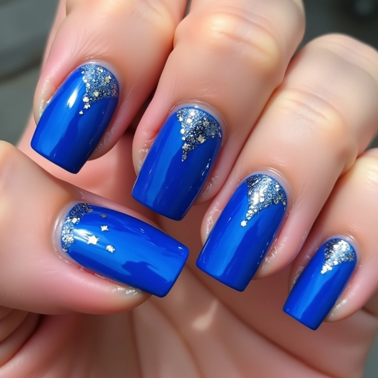 Unhas quadradas azul royal com glitter prata.