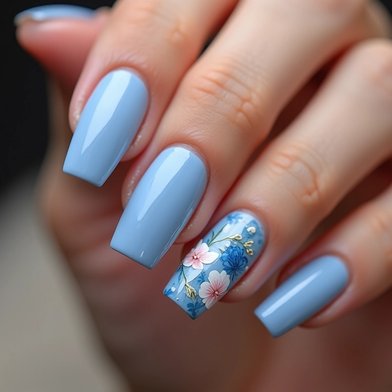 Unhas quadradas azul serenity com flores delicadas.