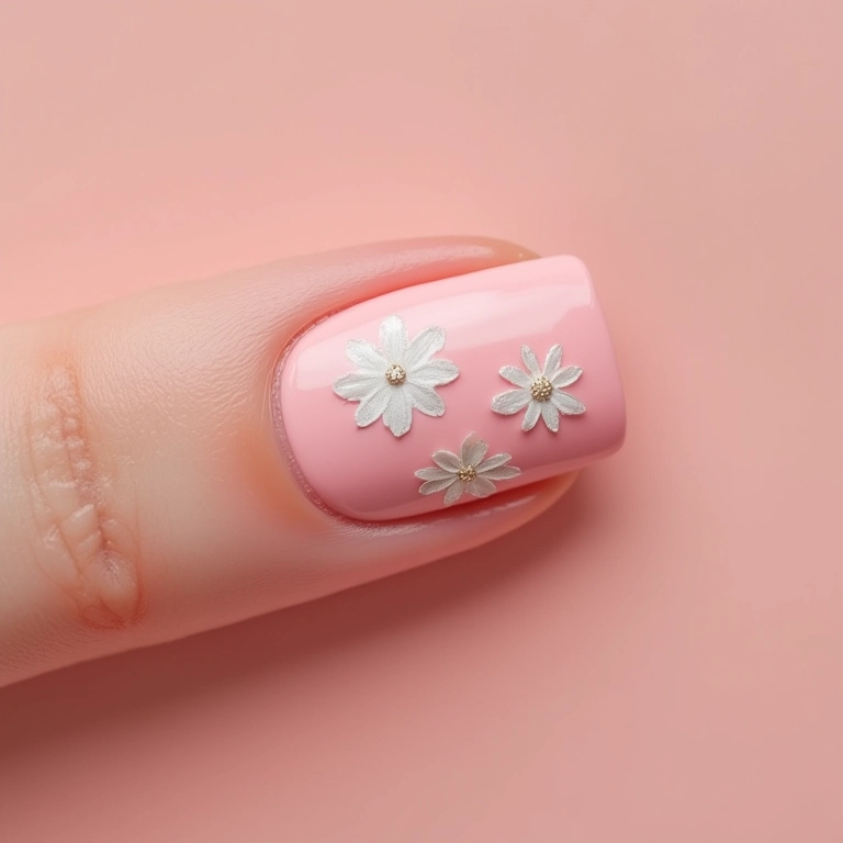 Unhas quadradas com adesivos florais delicados.