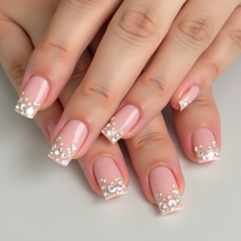 Unhas quadradas com pequenas pedrarias delicadas.