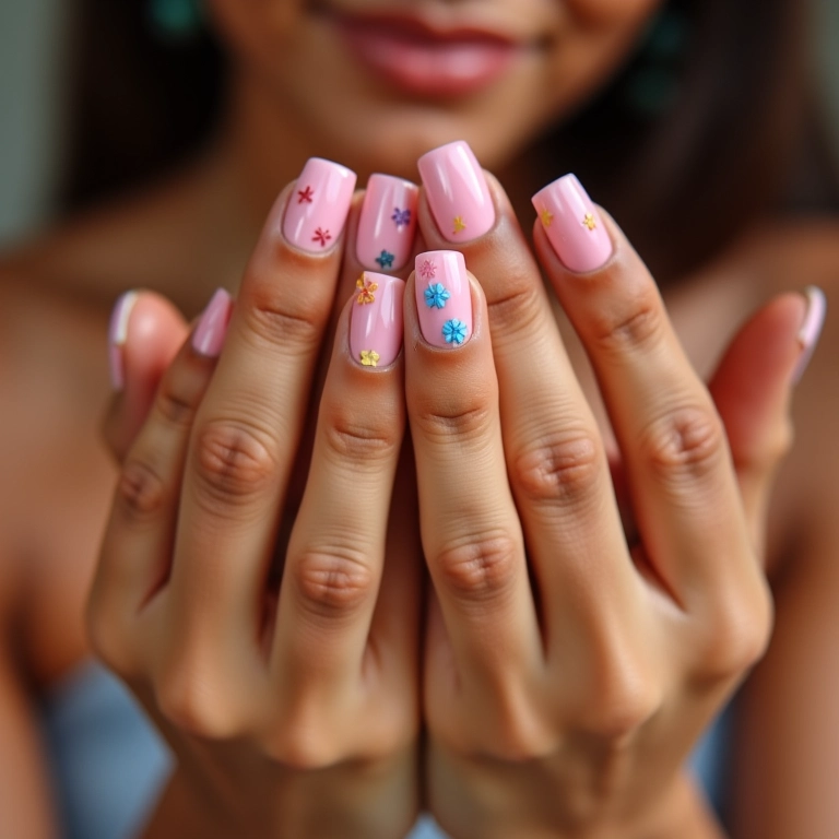 Unhas quadradas curtas decoradas com adesivos coloridos.