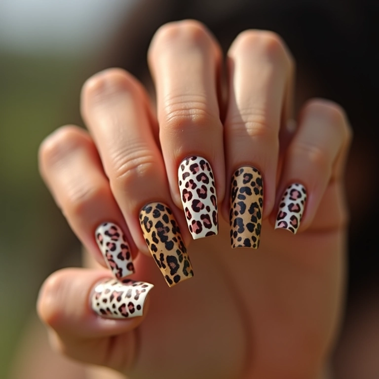 Unhas quadradas curtas decoradas com animal print.