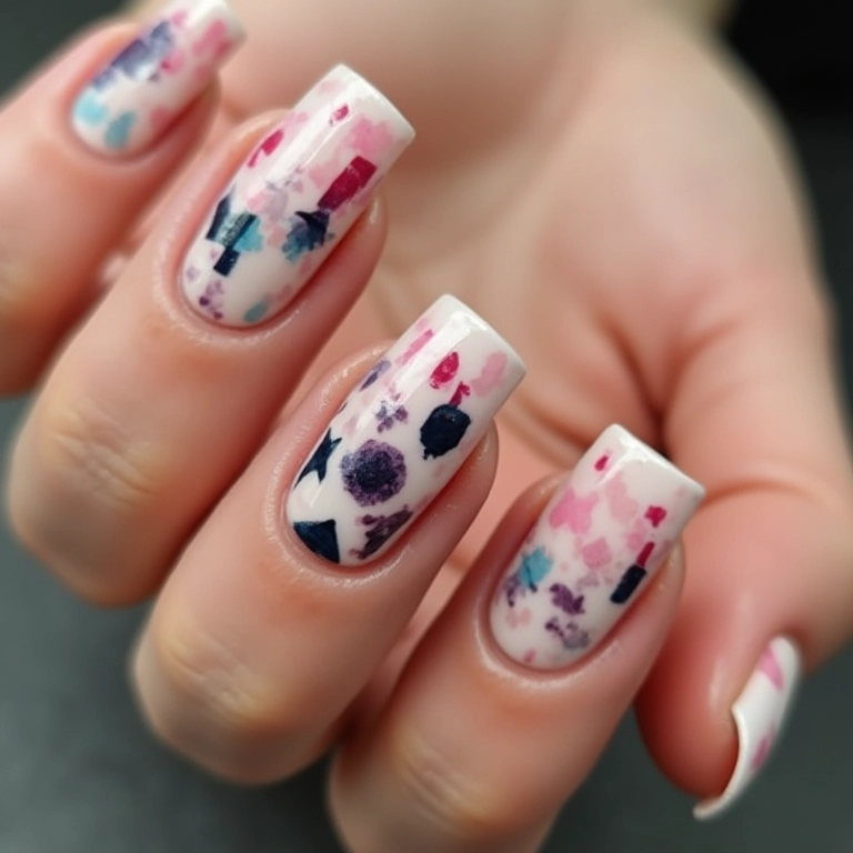 Unhas quadradas curtas decoradas com desenhos geométricos.