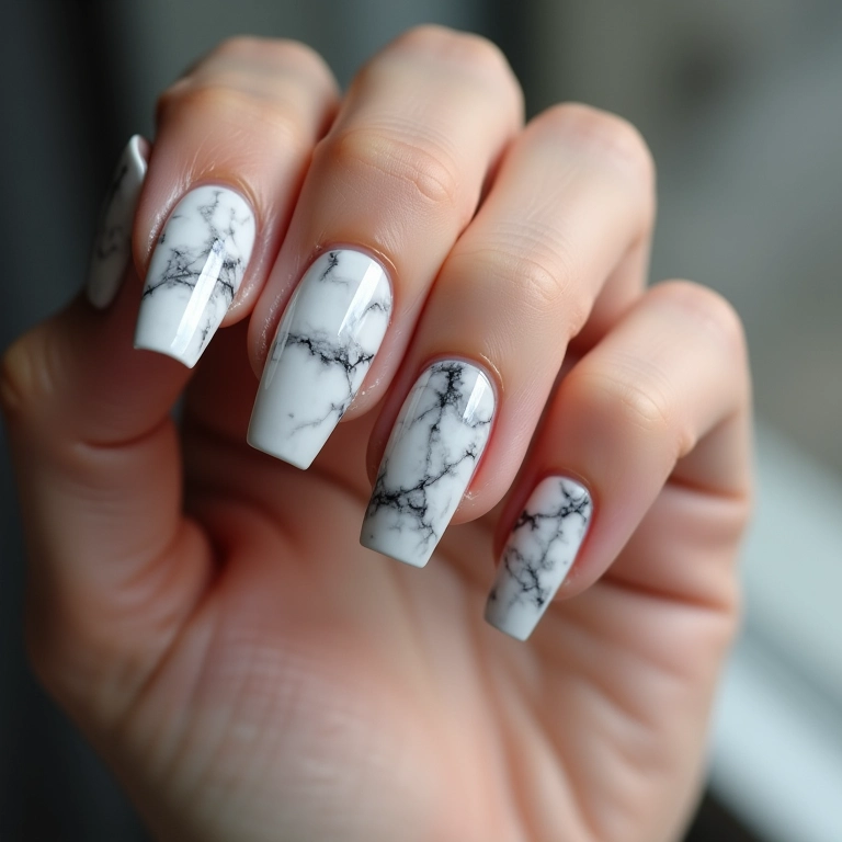 Unhas quadradas curtas decoradas com efeito mármore.