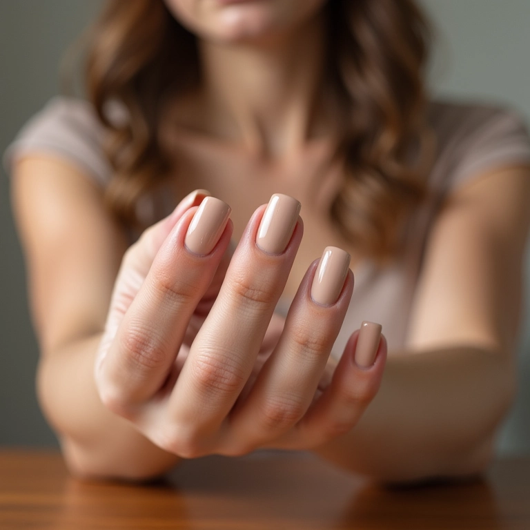 Unhas quadradas curtas decoradas com esmalte nude.