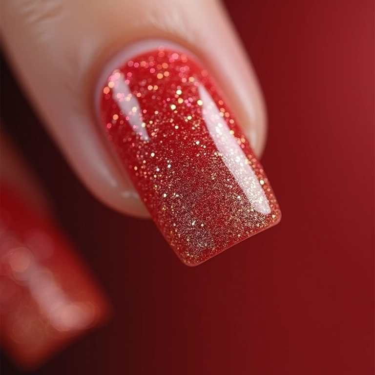 Unhas quadradas curtas decoradas com glitter brilhante.