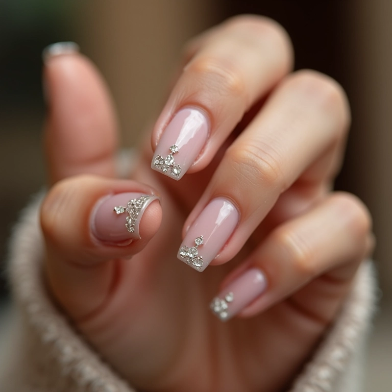 Unhas quadradas curtas decoradas com pedrarias delicadas.