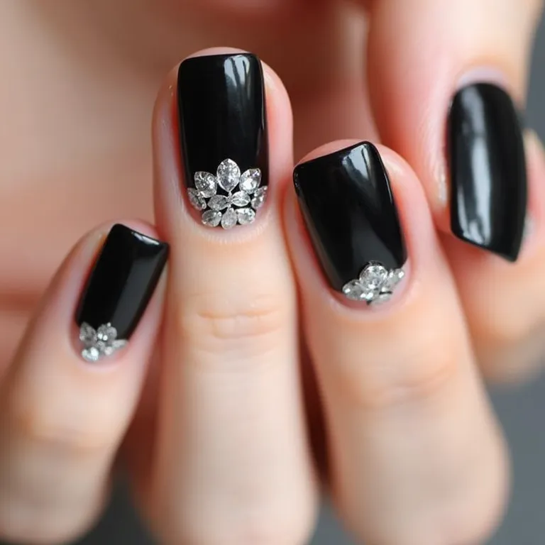 Unhas quadradas pretas com adesivos.