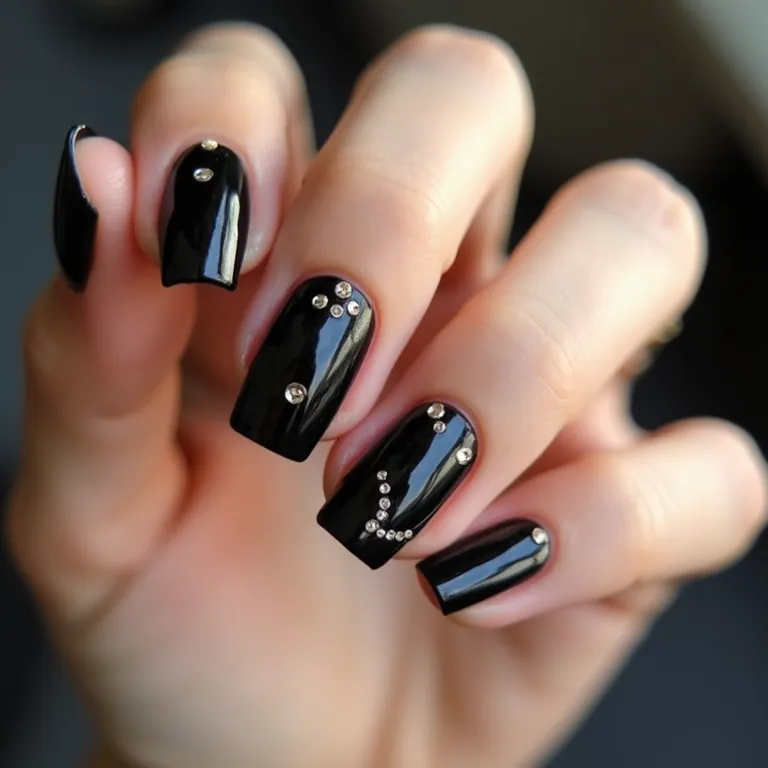 Unhas quadradas pretas com pedrarias.