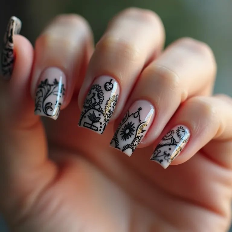 Unhas quadradas pretas decoradas com design intrincado.