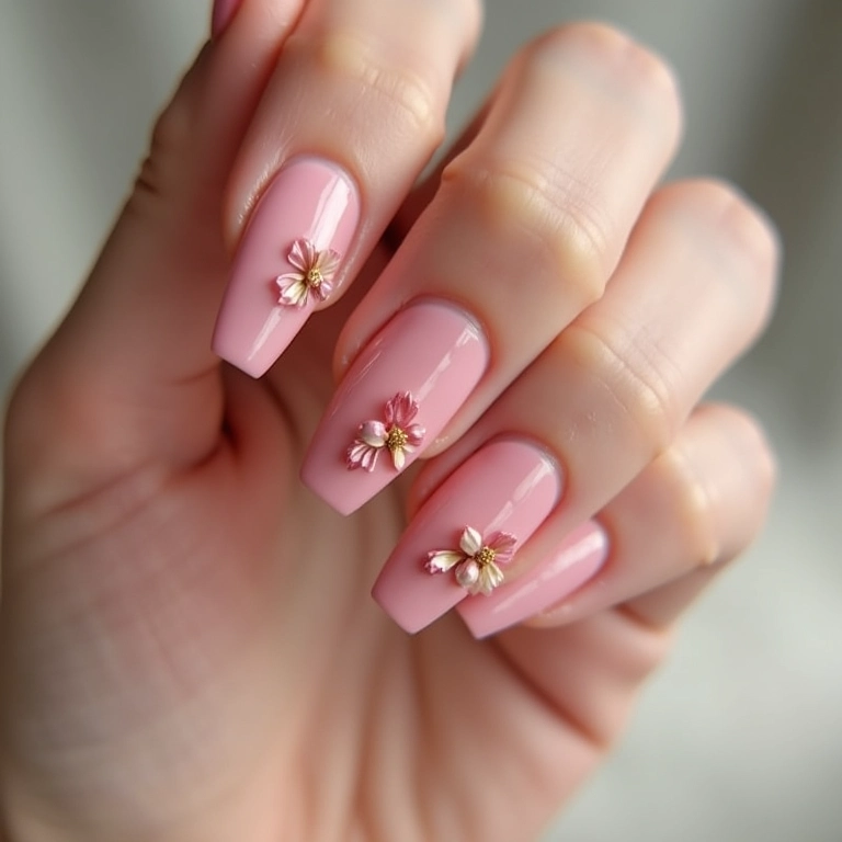 Unhas quadradas rosa chá delicadas com pequenas flores.