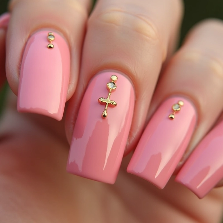 Unhas quadradas rosa com detalhes em dourado elegante.