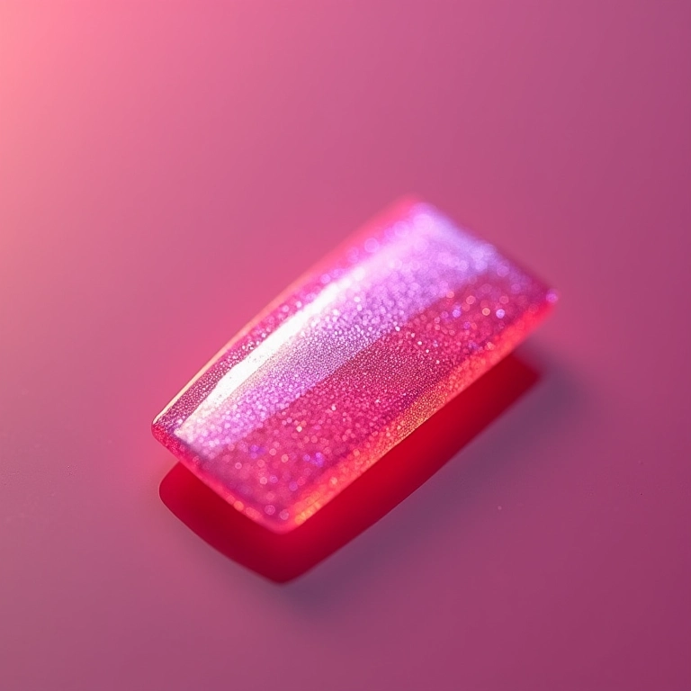 Unhas quadradas rosa com efeito holográfico.