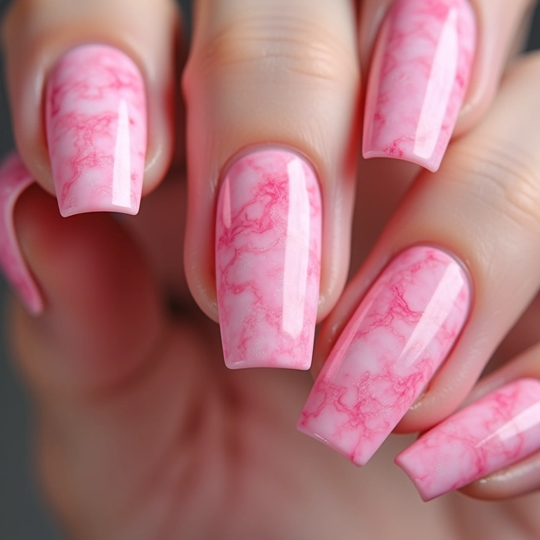 Unhas quadradas rosa com efeito marmorizado.