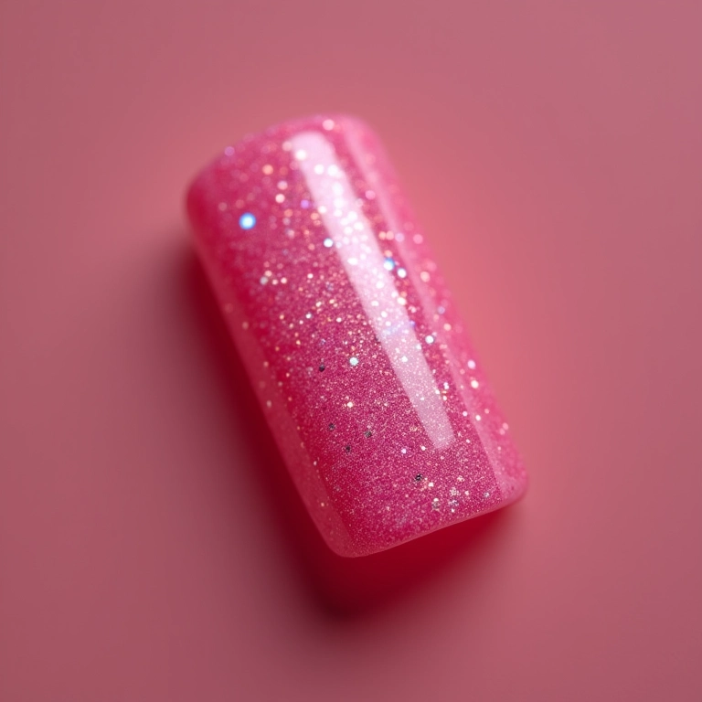 Unhas quadradas rosa com glitter furta-cor brilhante.