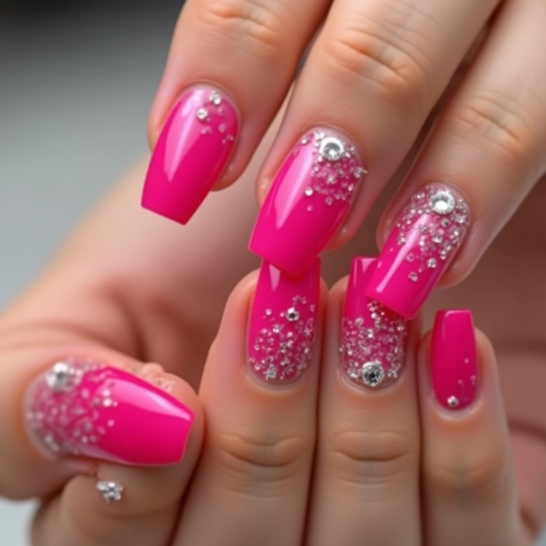 Unhas quadradas rosa com pedrarias e strass brilhantes.