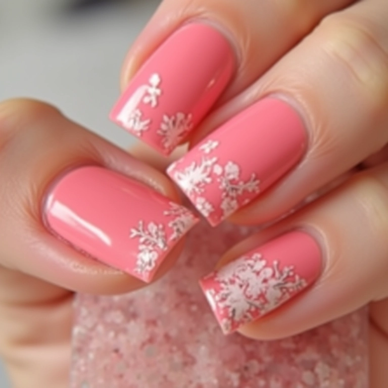 Unhas quadradas rosa com películas e adesivos florais.