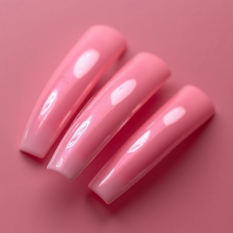 Unhas quadradas rosa metalizado com efeito espelhado.