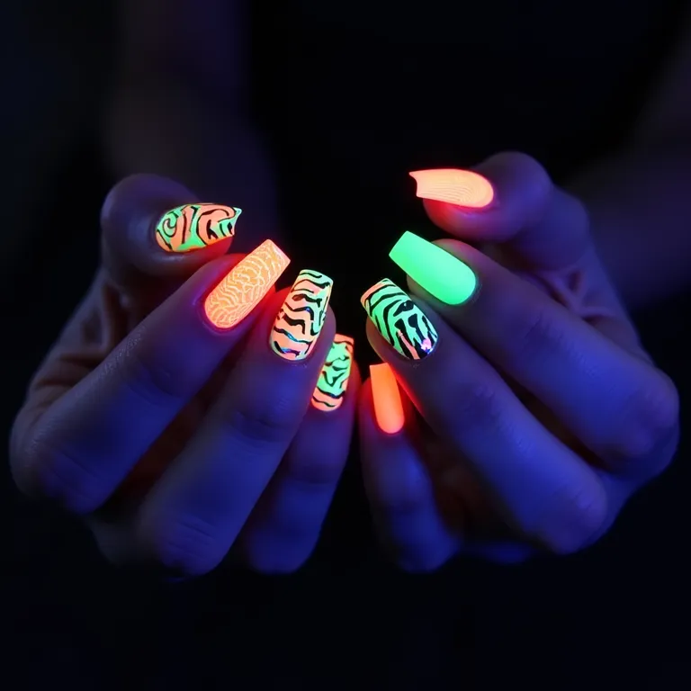 Unhas que brilham no escuro: cores neon e padrões vibrantes.