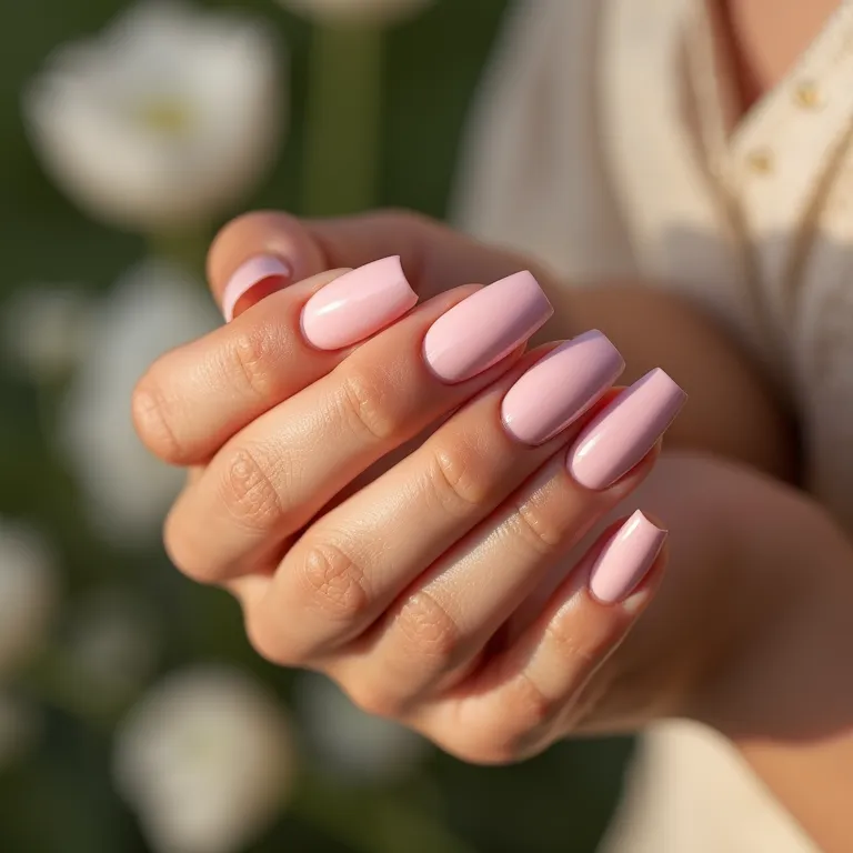 Unhas rosa bebê com detalhes delicados em branco, estilo Farm Rio.