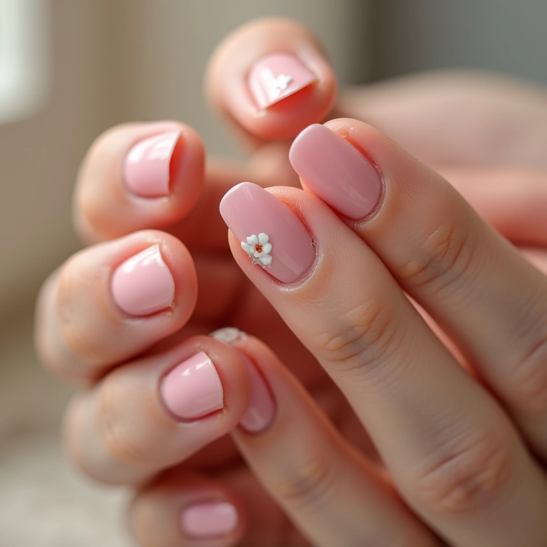 Unhas rosa bebê com detalhes em branco.