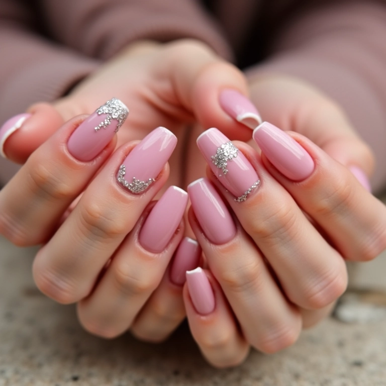 Unhas rosa bebê com glitter prata delicadas.