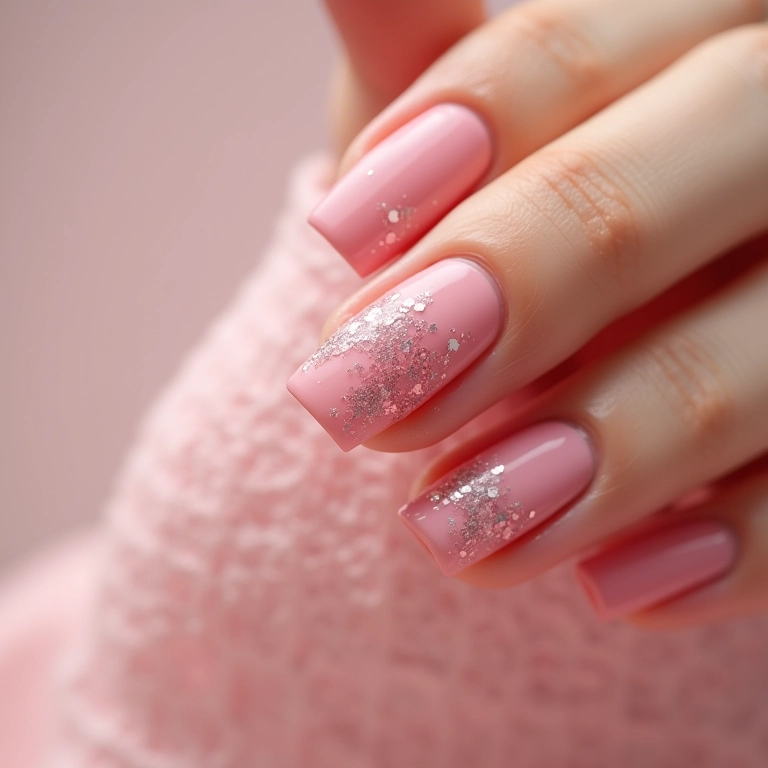 Unhas rosa bebê quadradas com detalhes em glitter delicado.
