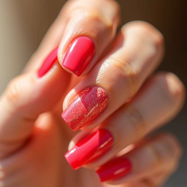 Unhas rosa chá elegantes com glitter dourado.
