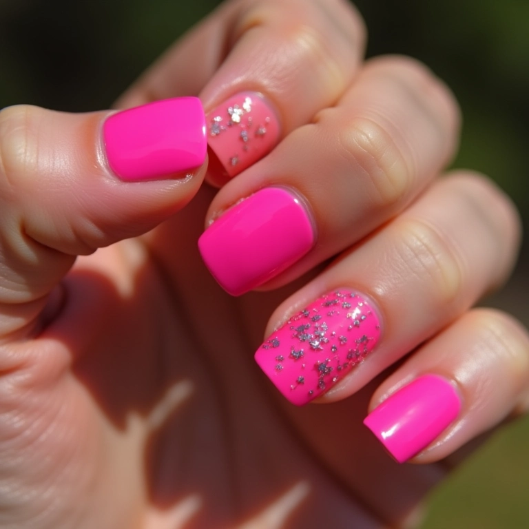 Unhas rosa choque com glitter, estilo Barbie.