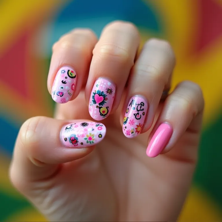 Unhas rosa com adesivos, fáceis e criativas.