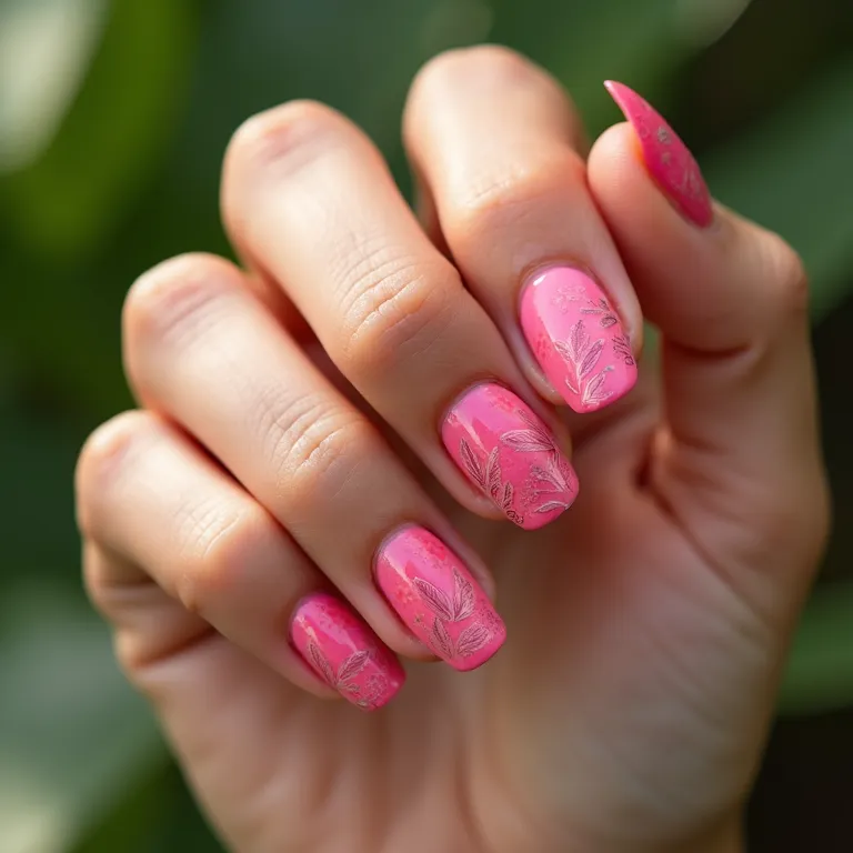 Unhas rosa com carimbo, delicadas e personalizadas.