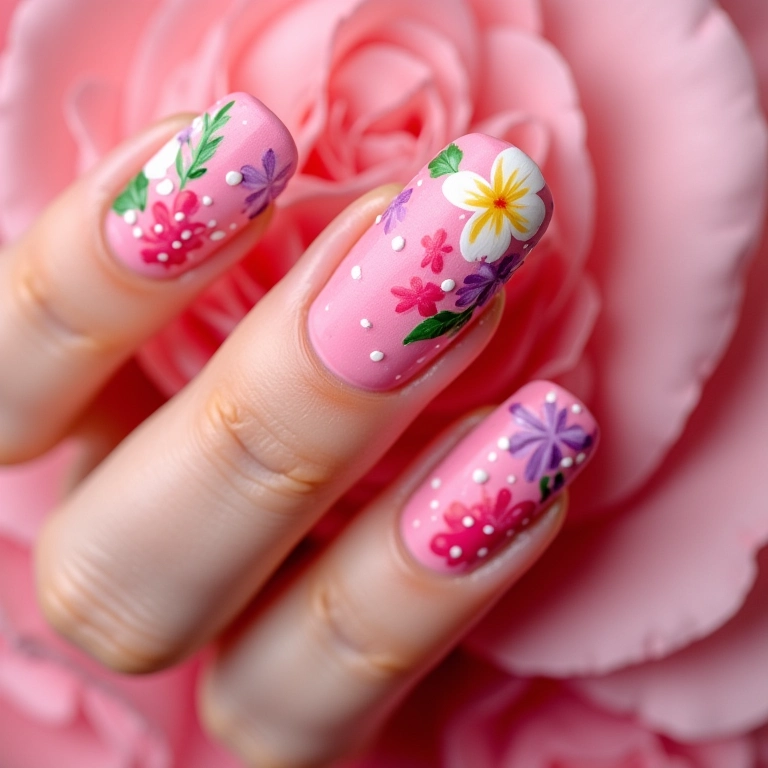 Unhas rosa com delicados desenhos florais.