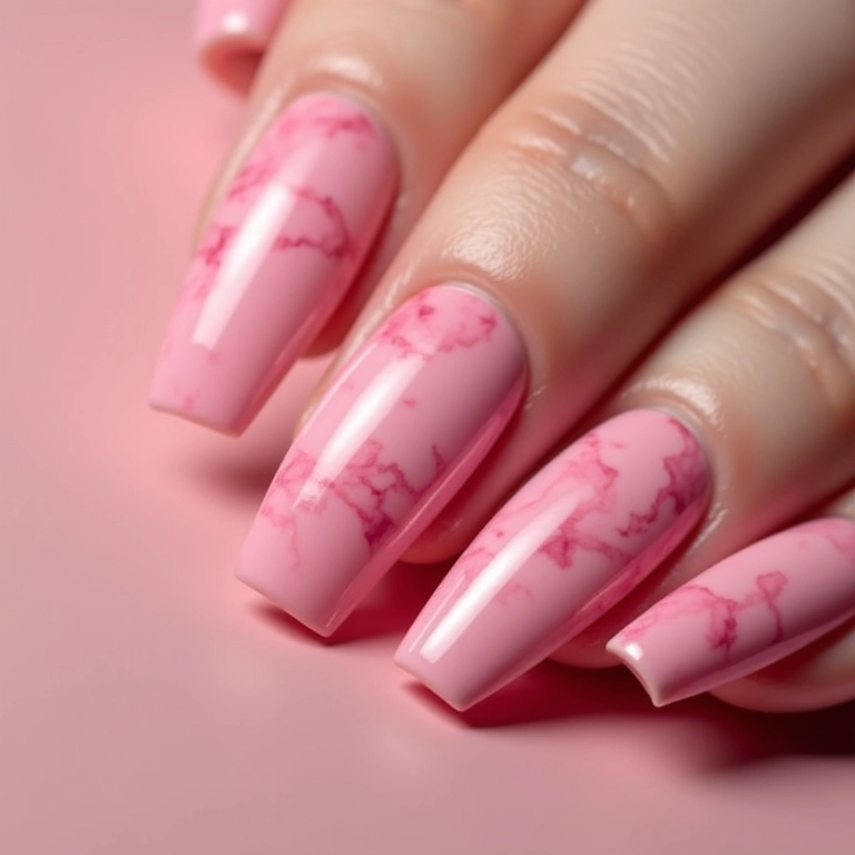 Unhas rosa com efeito mármore.