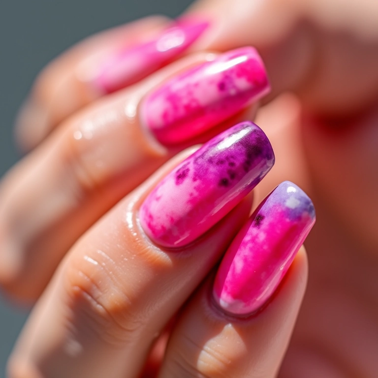 Unhas rosa com efeito tie-dye.