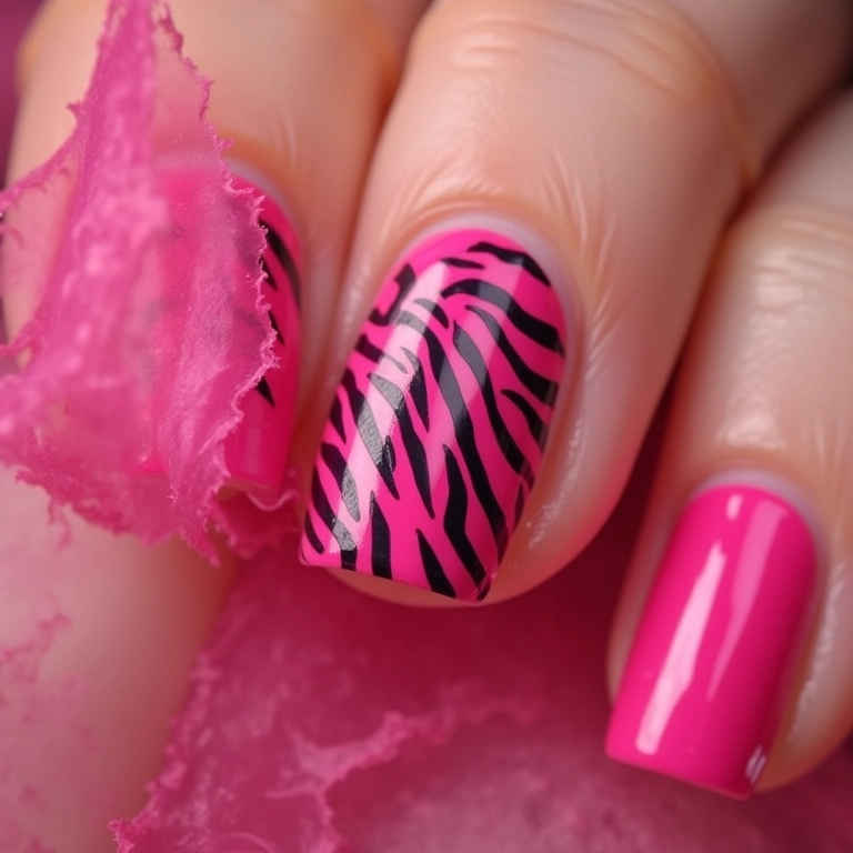 Unhas rosa com estampa animal (zebra).
