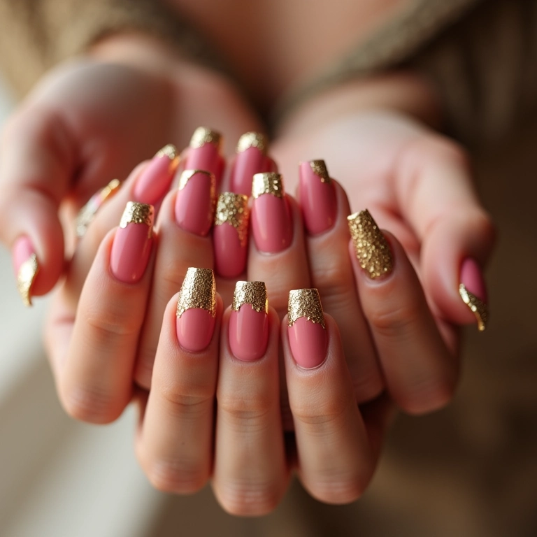 Unhas rosa com francesinha dourada, luxo.