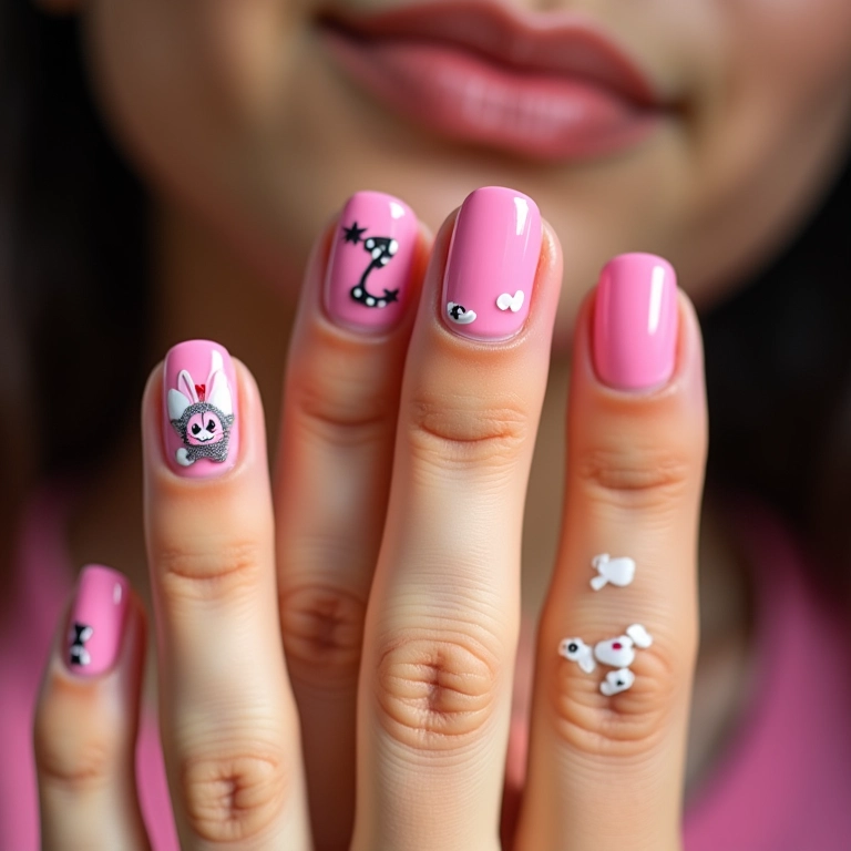 Unhas rosa decoradas com adesivos.