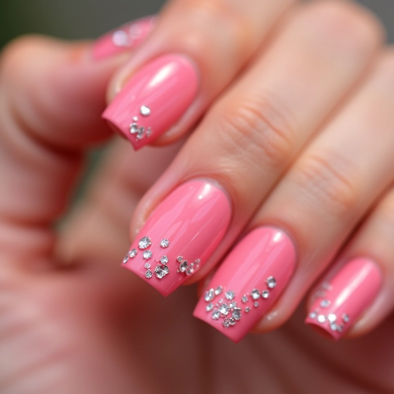 Unhas rosa decoradas com pedrarias.