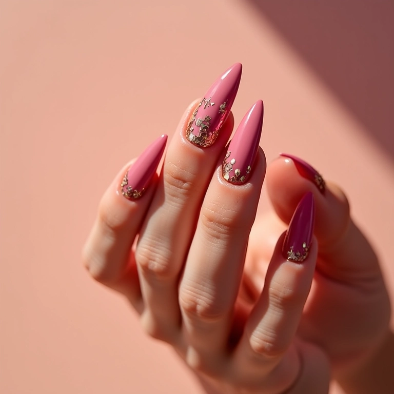 Unhas rosa e dourado com design geométrico.