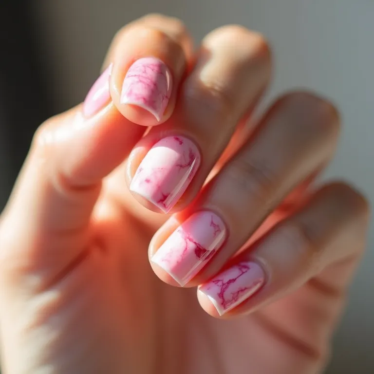 Unhas rosa marmorizadas, sofisticadas e elegantes.