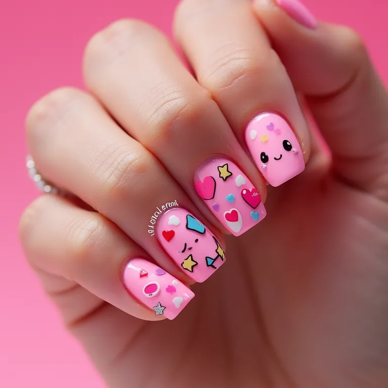 Unhas rosa neon com adesivos e aplicações divertidas.