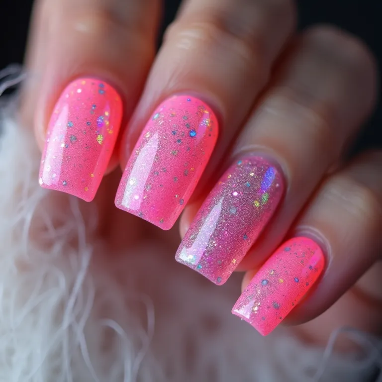 Unhas rosa neon com efeito holográfico brilhante.