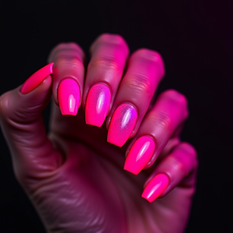 Unhas rosa neon com glitter holográfico chamativas.