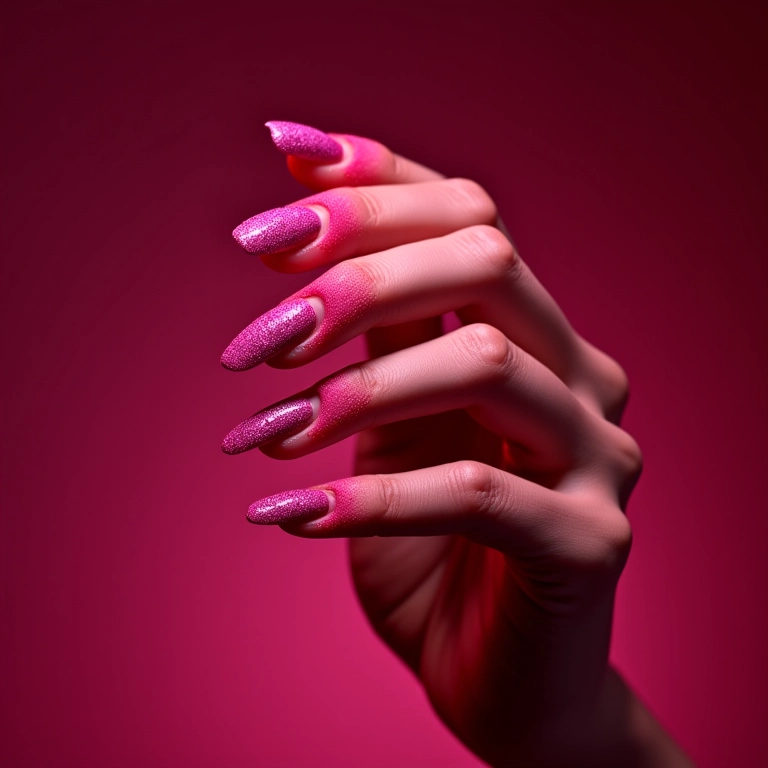 Unhas rosa pink com glitter brilhante.