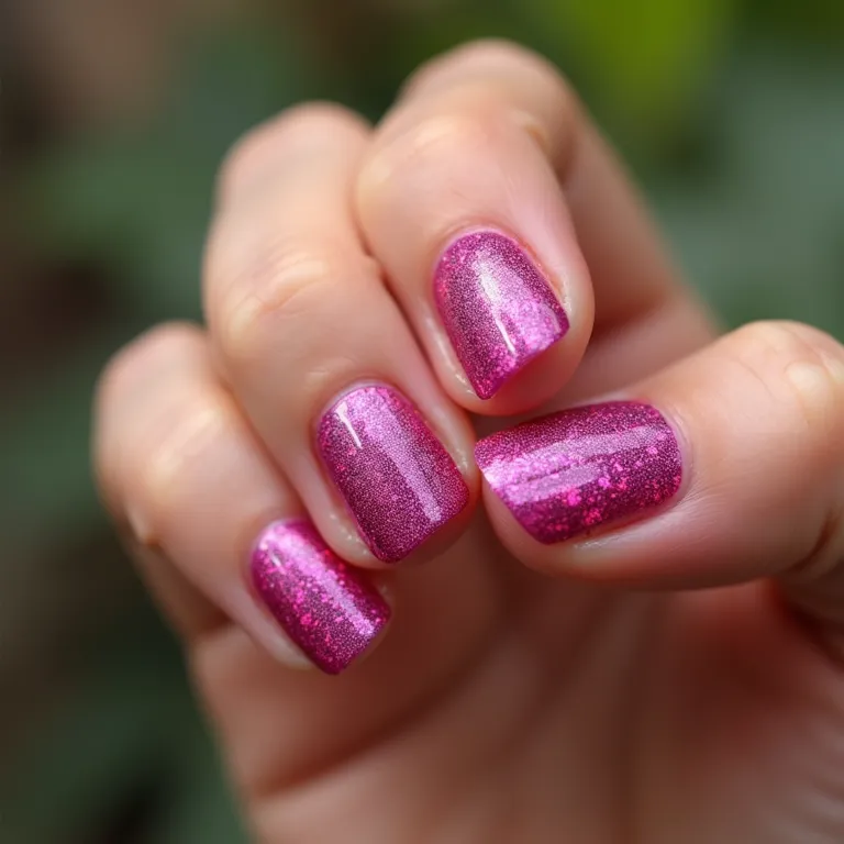 Unhas rosa pink com glitter, vibrantes e chamativas.